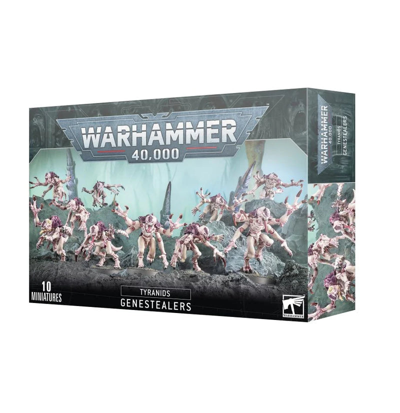 The Warhammer 40k Tyranids Genestealers box shows ten alien miniatures, bases, plastic parts, and product details on the front.