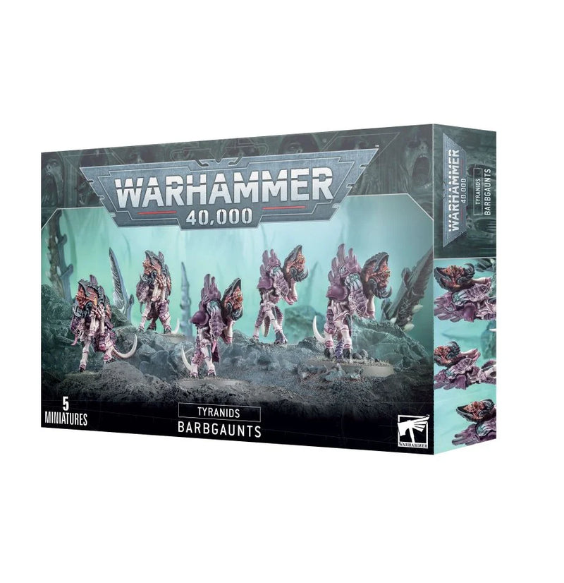 The Warhammer 40k: Tyranids - Barbgaunts box from Games Workshop shows five purple insectoid miniatures and Barbgaunts branding.