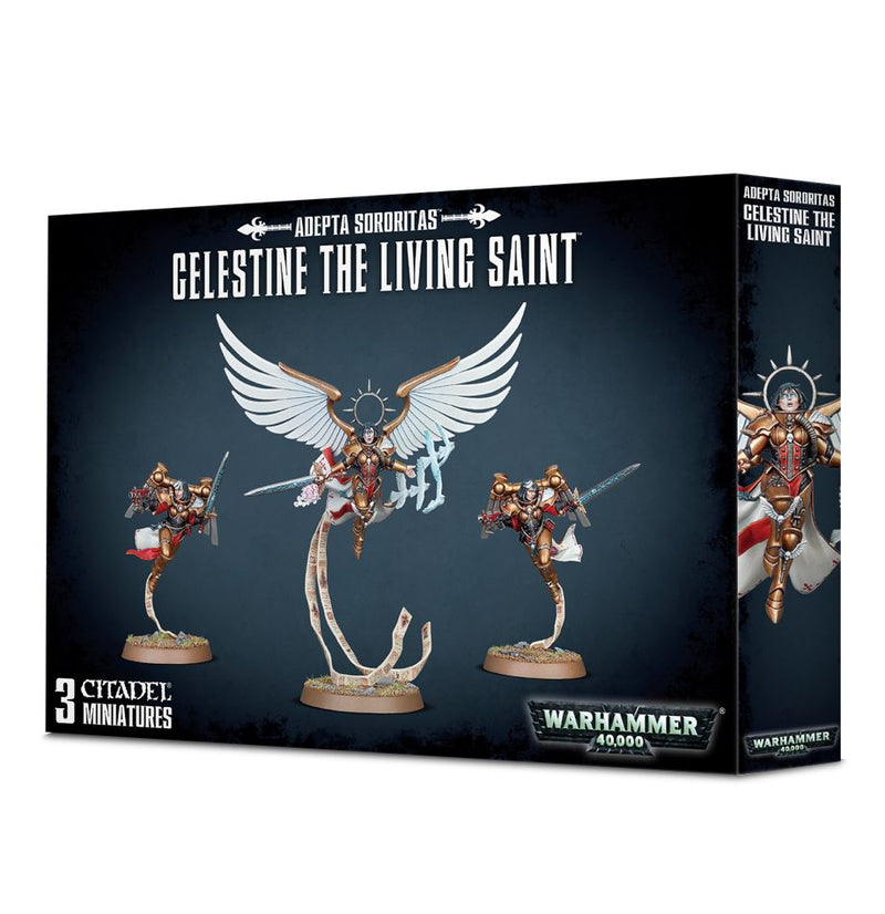 Box of Warhammer 40k: Adepta Sororitas - Celestine the Living Saint with three unpainted Citadel miniatures, including a winged central figure, shown against a dark background.