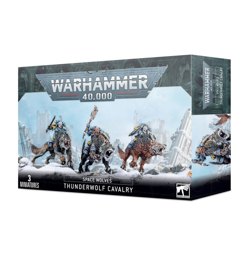 The Warhammer 40k: Space Wolves - Thunderwolf Cavalry box shows three armored warriors on giant wolves in a snowy, ruined setting.