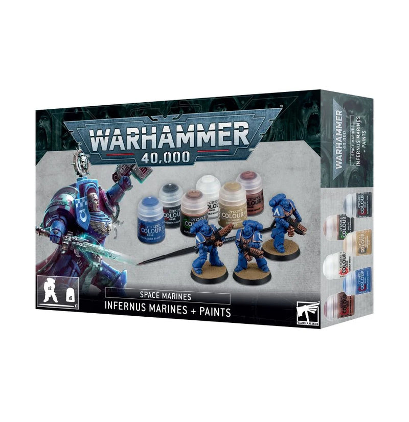 The Warhammer 40k: Space Marines: Infernus Marines + Paints set box features three painted Ultramarines miniatures and six Citadel Colour paints on the front.