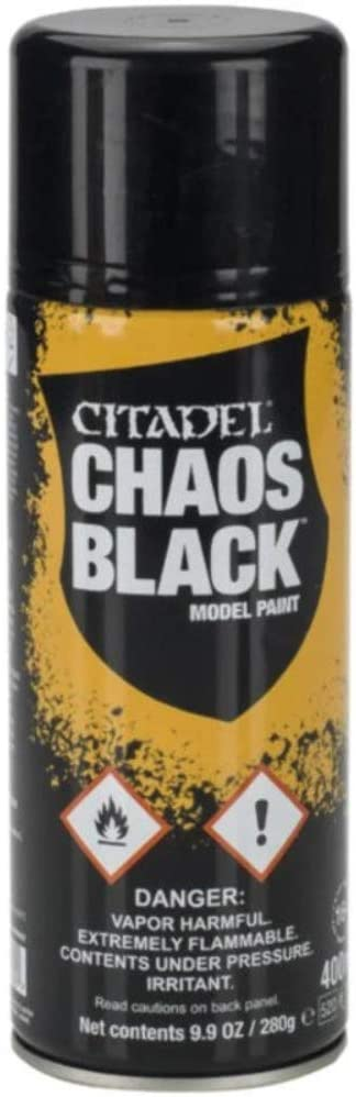 A 400ml can of Citadel Spray Paints: Chaos Black with a yellow and black label, flammability warnings, and cautionary info.