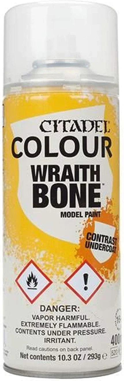 Citadel Spray Paints: Wraithbone (400ml) is ideal for basing and undercoating plastic models. Includes warnings. White cap.