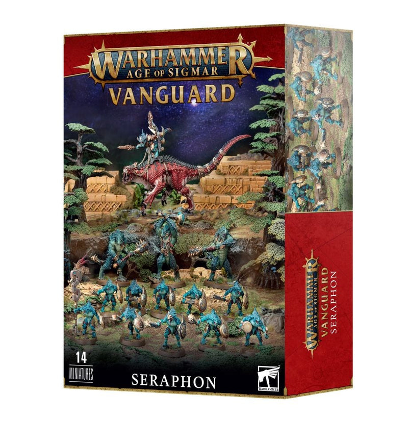 Box of Warhammer Age of Sigmar: Spearhead - Seraphon (Legacy Kit) with Saurus Oldblood on Carnosaur and lizard warriors in jungle ruins. 14 miniatures included.