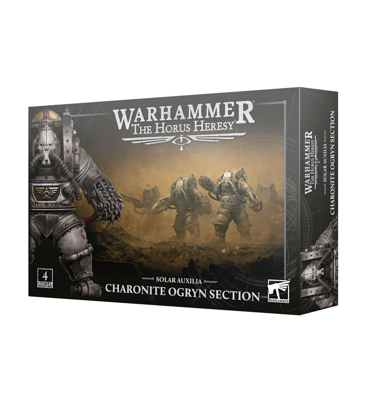 A Horus Heresy: Solar Auxilia - Charonite Ogryn Section box displays armored Ogryn warriors, Warhammer branding, and includes four detailed miniatures.