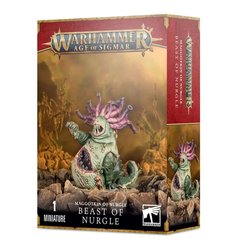 Warhammer Age of Sigmar: Maggotkin of Nurgle - Beast of Nurgle box, showing green, tentacled slug-like miniatures with wide mouths on rocky terrain. Branding and product details are visible on the packaging.