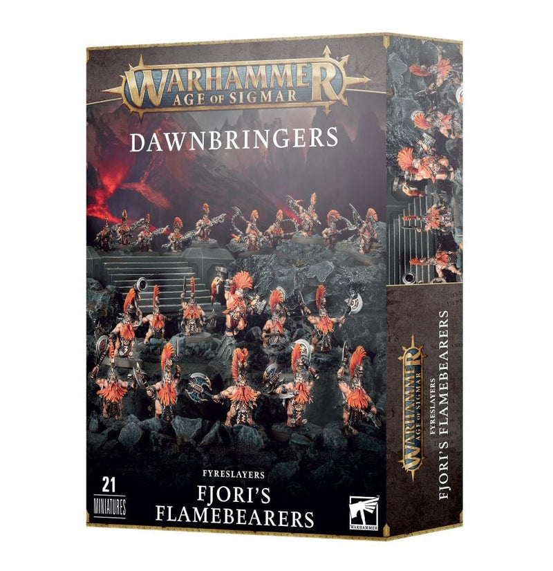 Warhammer Age of Sigmar: Harbingers: Fyreslayers – Fjori's Flamebearers with 21 miniatures, red-orange crests, volcanic setting.
