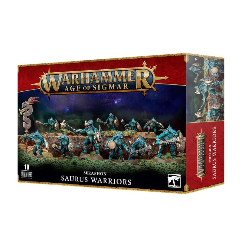 A box of Warhammer Age of Sigmar: Seraphon - Saurus Warriors miniatures with blue reptilian warriors and red and gold packaging.