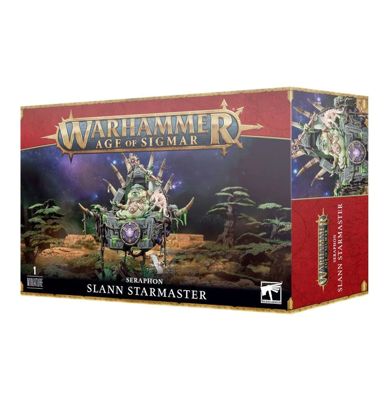 Warhammer Age of Sigmar: Seraphon - Slann Starmaster box from Games Workshop with an unpainted frog-mage on a floating throne.