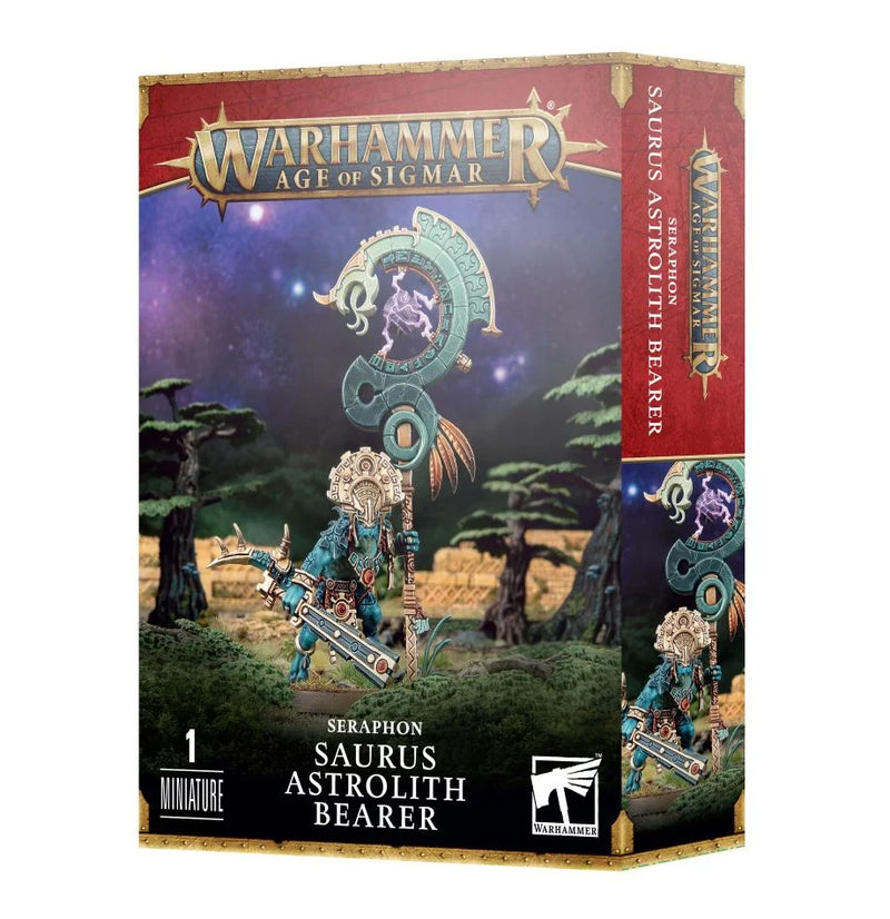 Warhammer Age of Sigmar: Seraphon - Saurus Astrolith Bearer by Games Workshop; unassembled lizard-like warrior with ornate staff in a fantasy jungle, plus a Citadel 40mm Round Base.