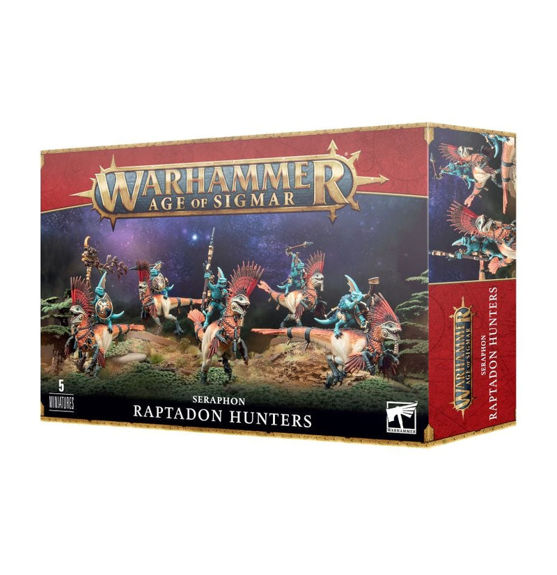 Warhammer Age of Sigmar: Seraphon - Raptadon Hunters box set by Games Workshop with 5 unpainted dinosaur-riding miniatures shown.