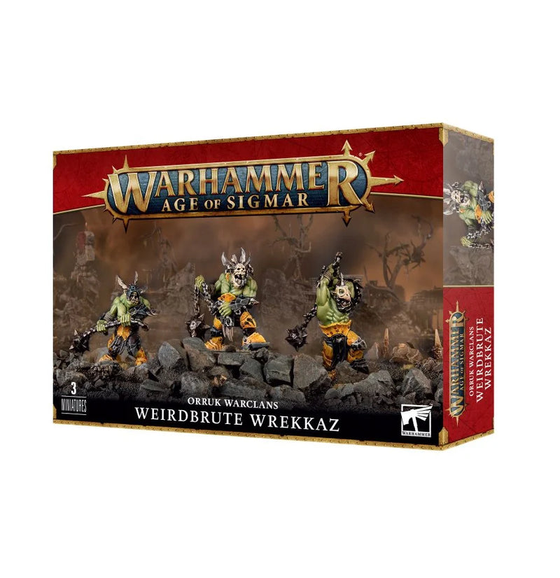 Warhammer Age of Sigmar: Orruk Warclans - Weirdbrute Wrekkaz box by Games Workshop includes three orc miniatures on Citadel 40mm round bases, shown in dynamic poses on a rocky battlefield background.