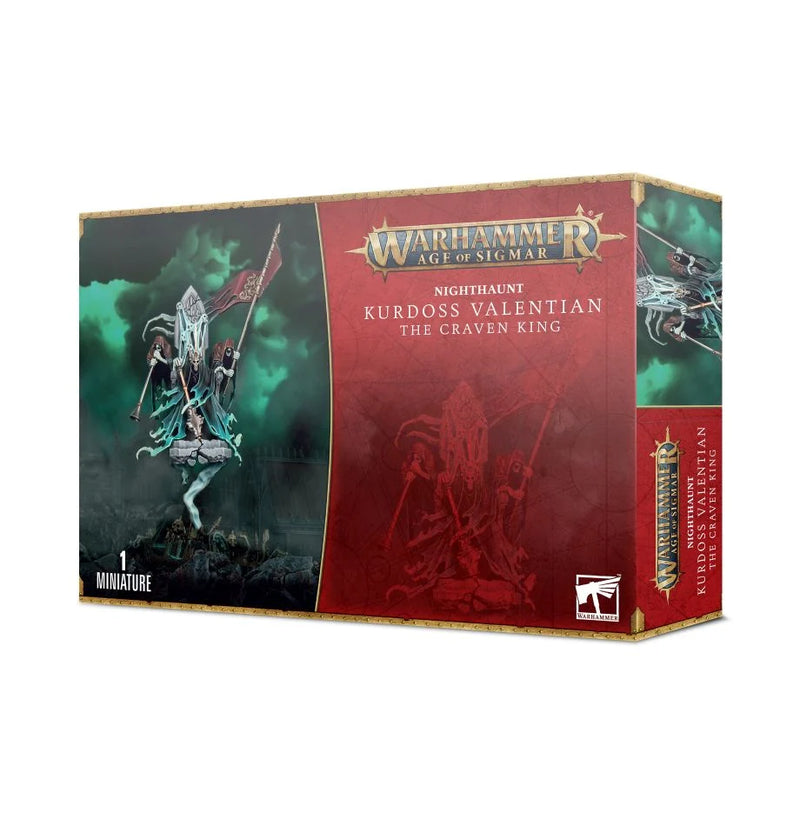 Warhammer Age of Sigmar: Nighthaunt - Kurdoss Valentian The Craven King includes a detailed miniature on 60mm base, ghostly king on throne holding mace.