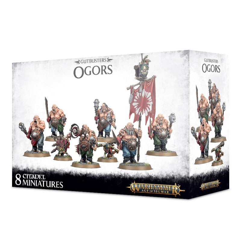 Box of Warhammer Age of Sigmar: Ogor Mawtribes - Ogor Gluttons miniatures by Games Workshop, eight painted ogors with weapons and a banner, plus product and brand logos.