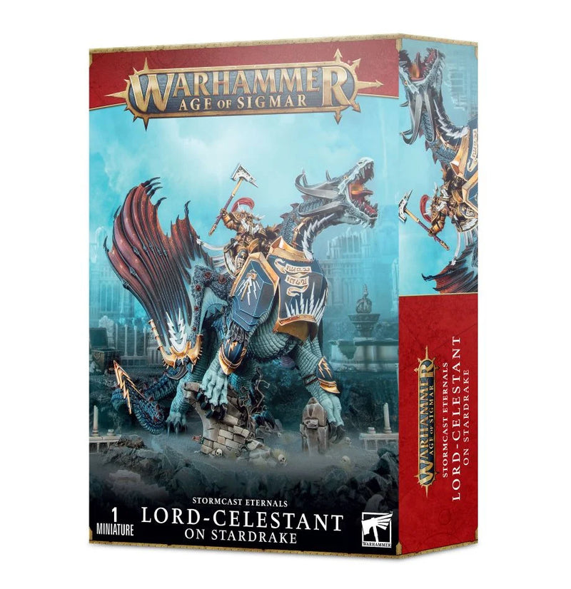 The Warhammer Age of Sigmar: Stormcast Eternals - Lord-Celestant on Stardrake box by Games Workshop showcases a knight astride a mighty dragon before a fantasy city backdrop and comes supplied with a Citadel Oval base.