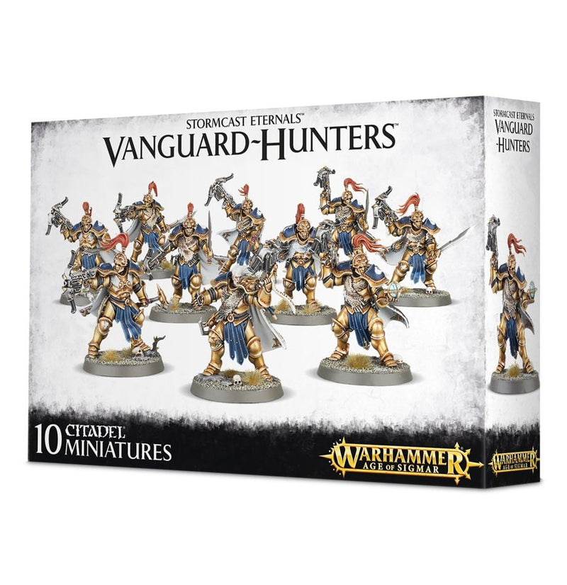 Warhammer Age of Sigmar: Stormcast Eternals - Vanguard-Hunters box with 10 painted gold and blue armored miniatures on bases.