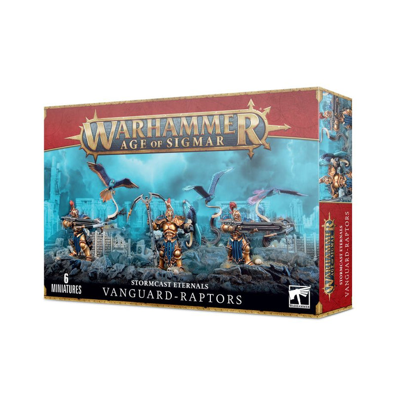 A box of Warhammer Age of Sigmar: Stormcast Eternals - Vanguard-Raptors miniatures with 6 armored figures wielding crossbows and birds above.