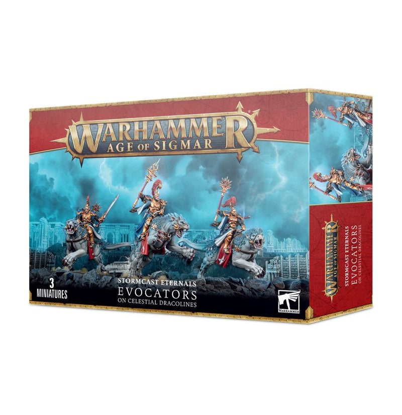 Box of Warhammer Age of Sigmar: Stormcast Eternals - Evocators on Celestial Dracolines miniatures by Games Workshop, showcasing three armored Stormcast Eternals riding dracoline mounts on Citadel bases set against a mystical backdrop.