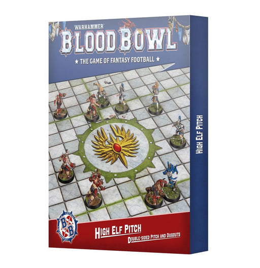 Warhammer Blood Bowl game box with miniature figures and pitch design on a white background