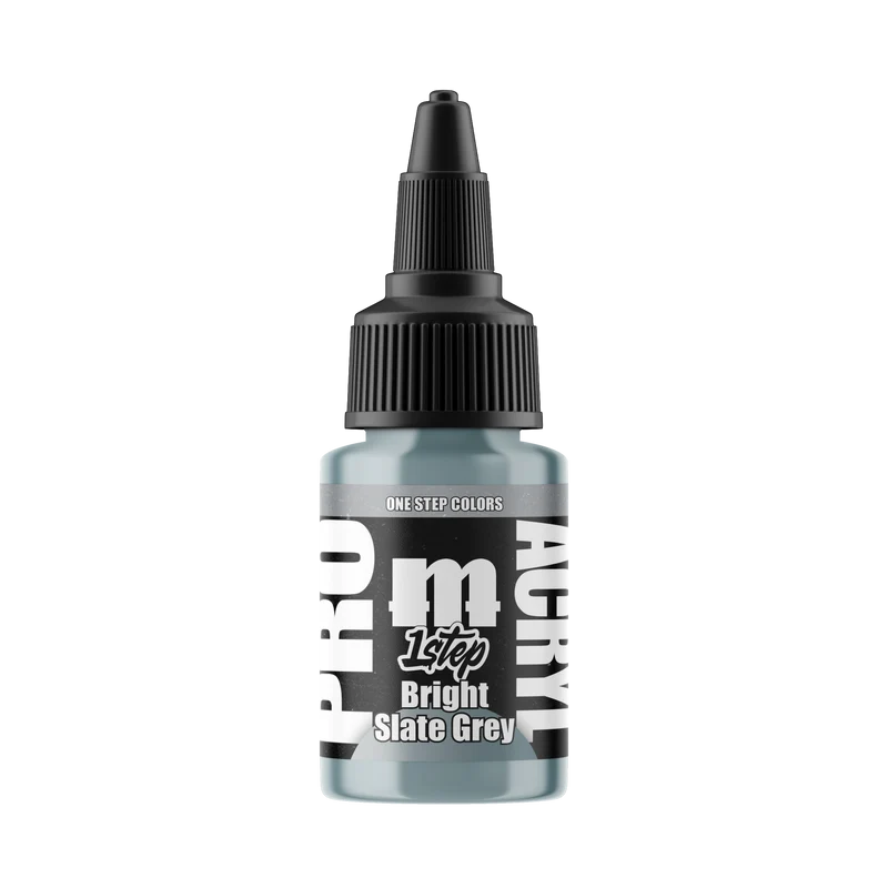 A 22ml bottle of Monument Hobbies: Pro Acryl Paint - 1-Step in Bright Slate Grey, ideal for miniature painting, features a black cap and bold white and black lettering on the label.