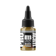 A small 22ml bottle of Monument Hobbies: Pro Acryl Paint - 1-Step in Bronze Yellow, featuring a black dropper cap, white and black text, and a gold-colored base, perfect for vibrant model and miniature painting, displayed against a plain white background.