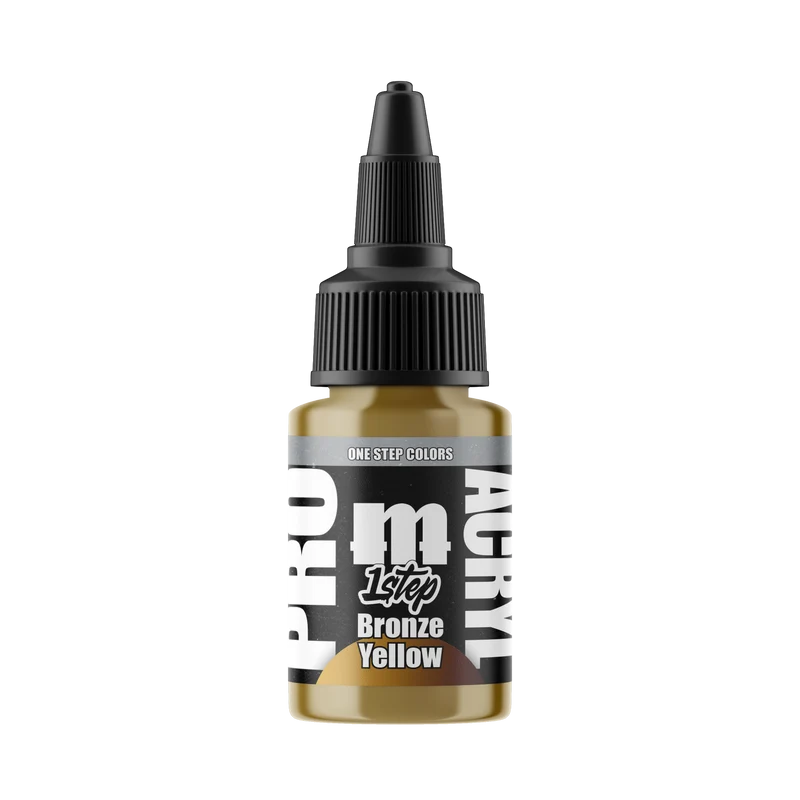 A small 22ml bottle of Monument Hobbies: Pro Acryl Paint - 1-Step in Bronze Yellow, featuring a black dropper cap, white and black text, and a gold-colored base, perfect for vibrant model and miniature painting, displayed against a plain white background.