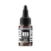 A 22ml bottle of Monument Hobbies: Pro Acryl Paint - 1-Step in dark brown, featuring a black nozzle cap and a label with white and gray text that displays the brand and color, making it perfect for quick and easy miniature painting projects.