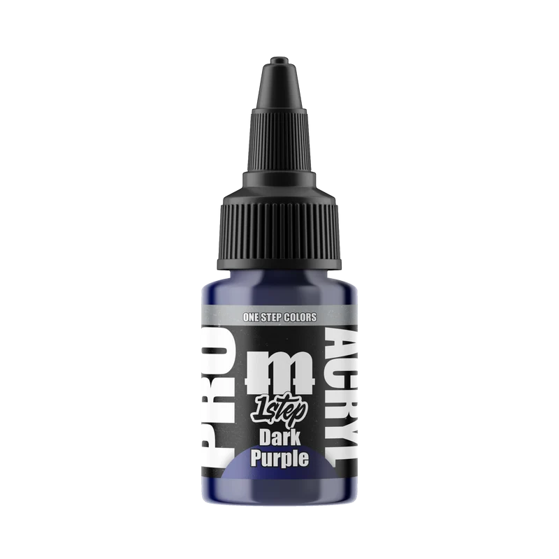 A 22ml bottle of Monument Hobbies: Pro Acryl Paint - 1-Step in Dark Purple, featuring a black cap and a white label with the product name and color. This vibrant paint is perfect for easy miniature painting.