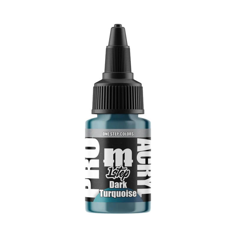 A 22ml bottle of Monument Hobbies: Pro Acryl Paint - 1-Step in Dark Turquoise, featuring a black twist cap and striking white and black label—perfect for painting miniatures.