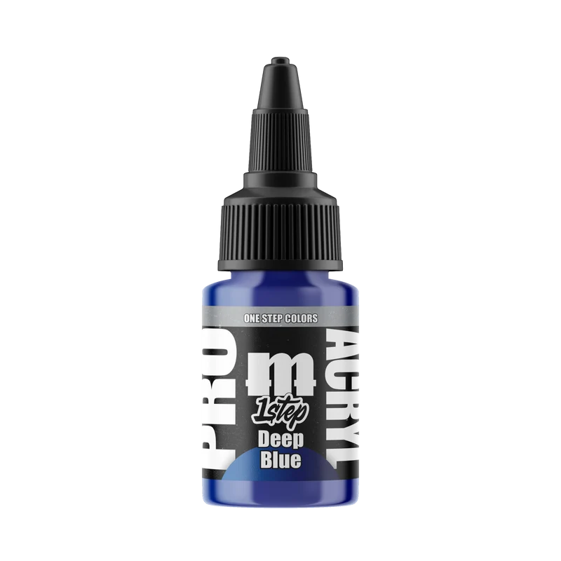 A 22ml bottle of Monument Hobbies: Pro Acryl Paint - 1-Step in deep blue, perfect for miniature painting, featuring a black squeeze cap and a white label displaying “1st Step Deep Blue.”.