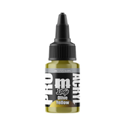 A 22ml bottle of Monument Hobbies: Pro Acryl Paint - 1-Step in Olive Yellow, showcasing a vibrant hue with a black twist cap and bold white-and-black labeling, set against a plain white background.