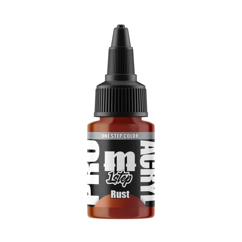 A 22ml bottle of Monument Hobbies: Pro Acryl Paint - 1-Step in the color Rust, designed with a black twist cap and white text on a brown label. This acrylic paint provides vibrant color for your projects.