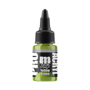 A 22ml bottle of Monument Hobbies: Pro Acryl Paint - 1-Step in Yellow Green comes with a black twist cap and eye-catching white and black labeling, delivering a vibrant green shade ideal for model painting projects.