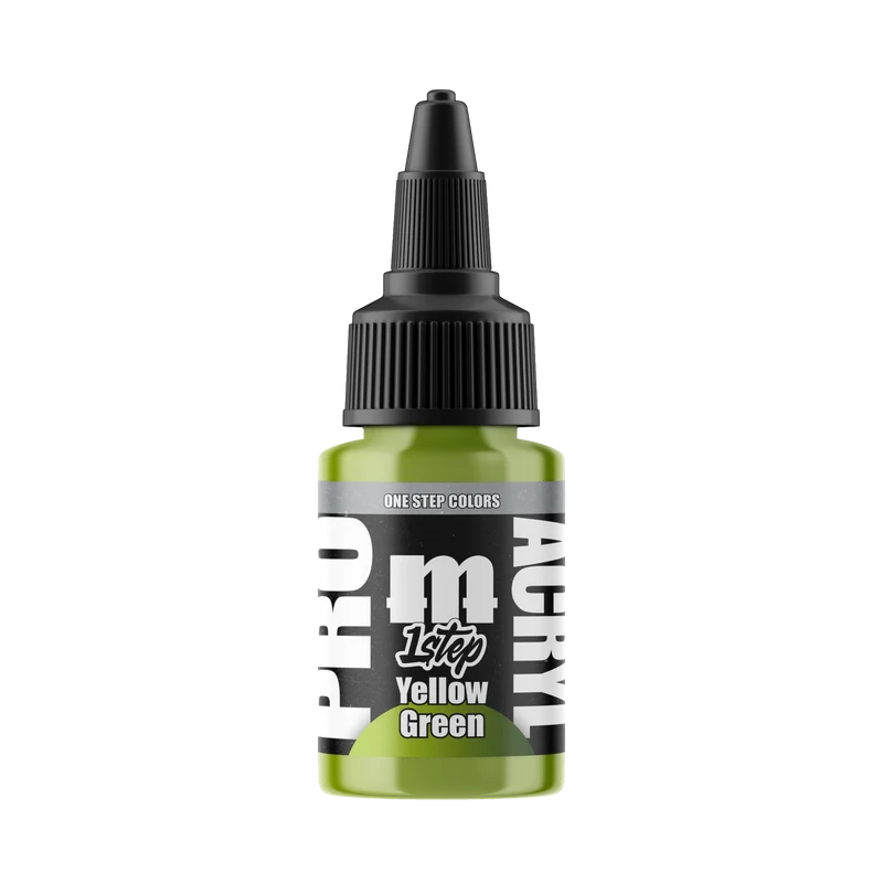 A 22ml bottle of Monument Hobbies: Pro Acryl Paint - 1-Step in Yellow Green comes with a black twist cap and eye-catching white and black labeling, delivering a vibrant green shade ideal for model painting projects.