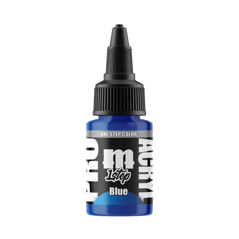 A 22ml bottle of Monument Hobbies Pro Acryl Paint - 1-Step with a black twist cap and white label stands on a white background.