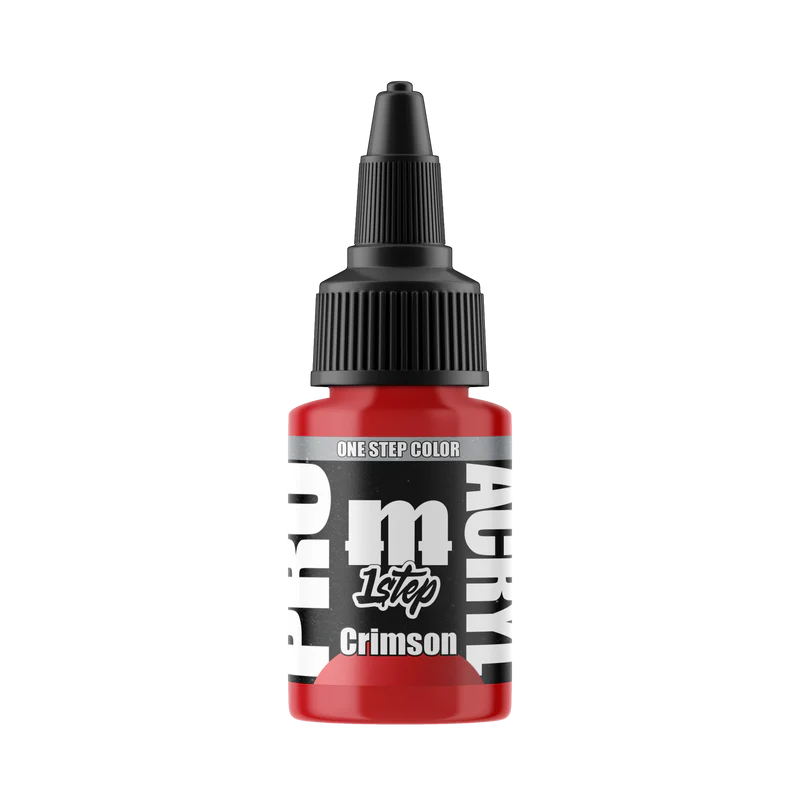 A compact 22ml red bottle of Monument Hobbies: Pro Acryl Paint - 1-Step, featuring a black twist cap and dropper tip; ideal for precise, vibrant miniature painting.