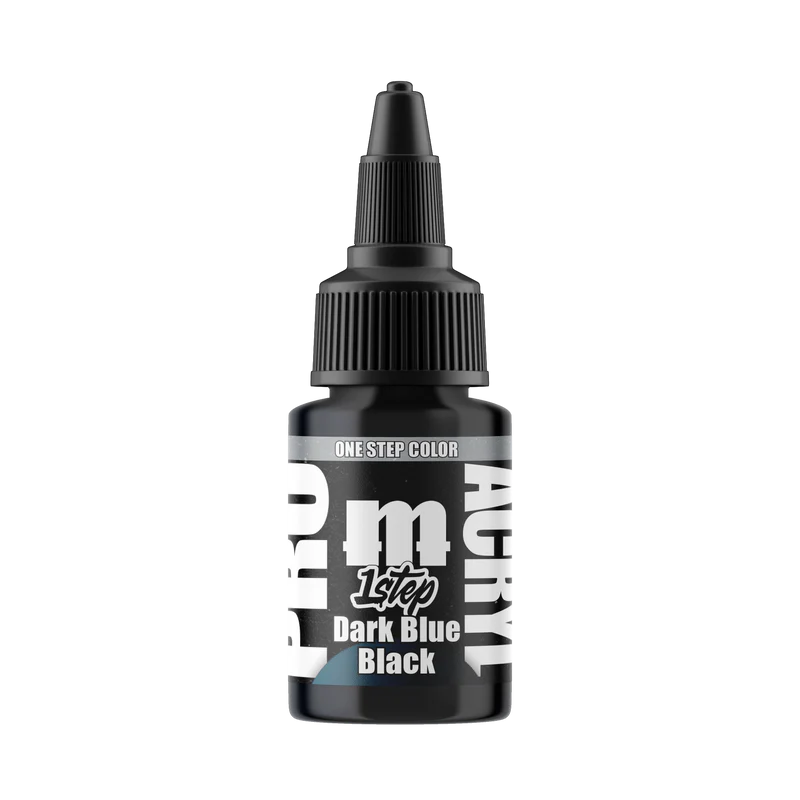 A small black bottle of Monument Hobbies Pro Acryl Paint 1-Step (22ml) labeled Dark Blue Black with twist cap on a plain background.