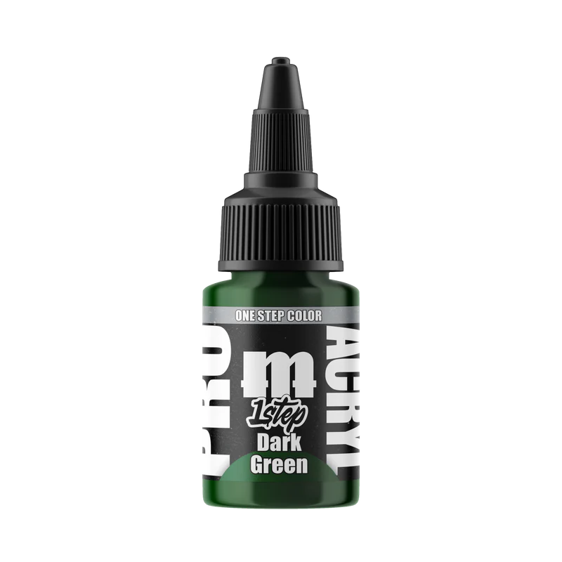 The 22ml Monument Hobbies Pro Acryl Paint - 1-Step in dark green has a black twist cap, white text on its label, and vibrant color.