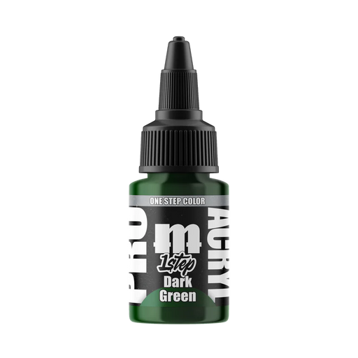 The 22ml Monument Hobbies Pro Acryl Paint - 1-Step in dark green has a black twist cap, white text on its label, and vibrant color.