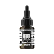 A 22ml bottle of Monument Hobbies Pro Acryl Paint - 1-Step in Dark Green Brown with black cap and white label on light background.
