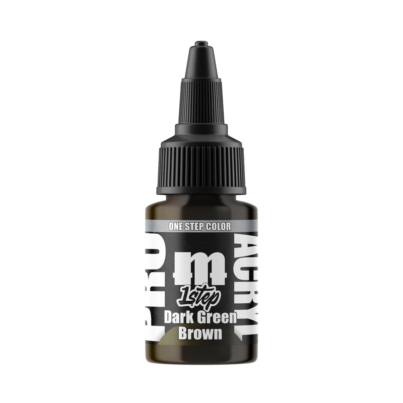 A 22ml bottle of Monument Hobbies Pro Acryl Paint - 1-Step in Dark Green Brown with black cap and white label on light background.