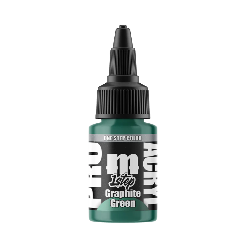A 22ml bottle of Monument Hobbies Pro Acryl Paint - 1-Step in Graphite Green stands upright on a plain white background.