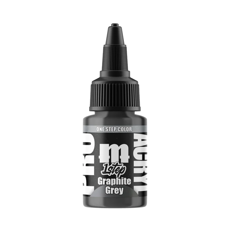 A small black bottle labeled Monument Hobbies: Pro Acryl Paint - 1-Step (22ml) with a pointed cap and graphite grey model colors.