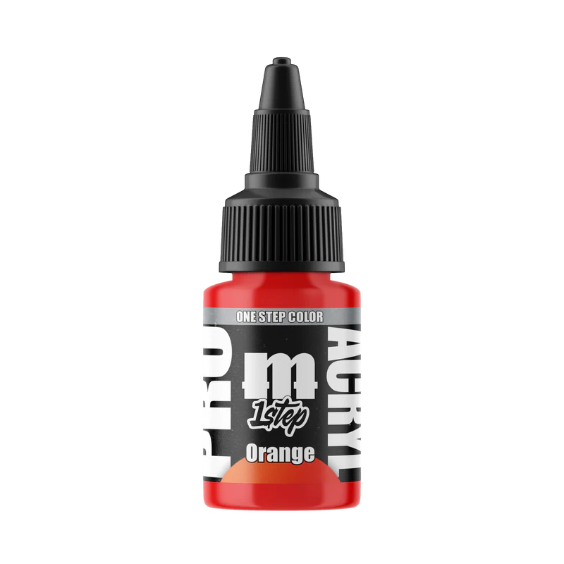 A 22ml Monument Hobbies Pro Acryl Paint - 1-Step in Orange, labeled One Step Color and Orange, with black twist nozzle cap.