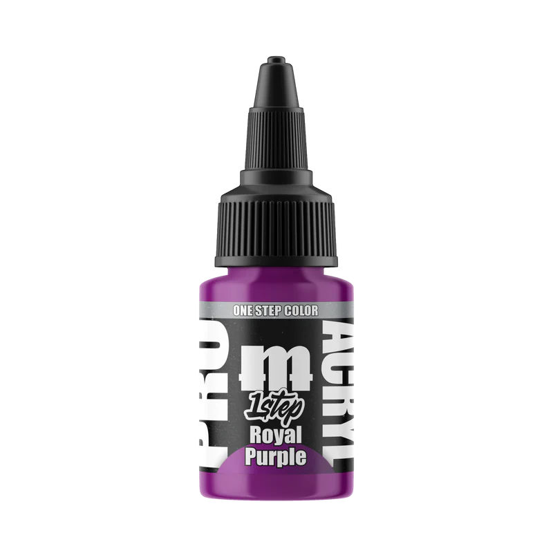A 22ml bottle of Monument Hobbies Pro Acryl Paint 1-Step in Royal Purple with a black cap and bold label on white background.