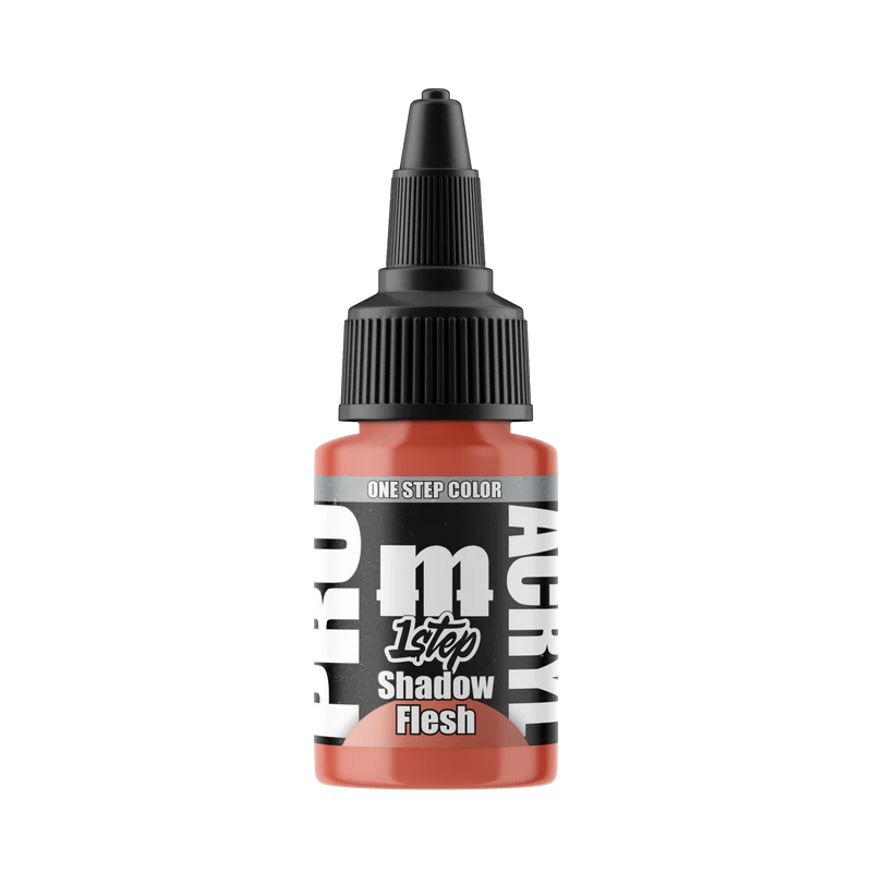 A 22ml Monument Hobbies Pro Acryl Paint - 1-Step bottle labeled Shadow Flesh with a black cap and salmon-pink label, ideal for vibrant miniature painting colors.