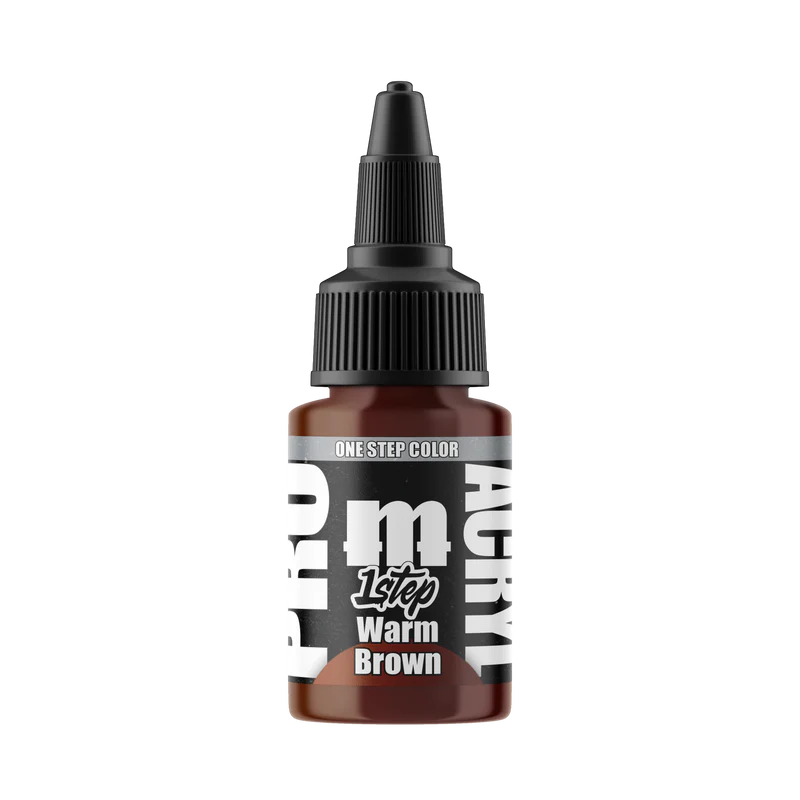 A small brown bottle labeled Monument Hobbies: Pro Acryl Paint - 1-Step (22ml) with a black cap sits on a light background.