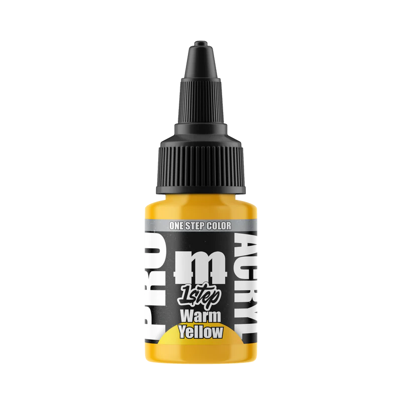 A 22ml bottle of Monument Hobbies: Pro Acryl Paint - 1-Step in Warm Yellow with a black dropper cap on a white background.
