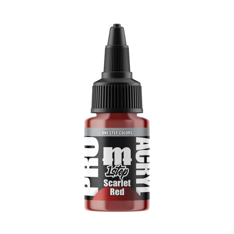 A 22ml bottle of Monument Hobbies: Pro Acryl Paint – 1-Step in Scarlet Red, featuring a black nozzle cap and a white-and-black label with bold lettering, displayed against a plain white background. This paint provides a vibrant color finish.