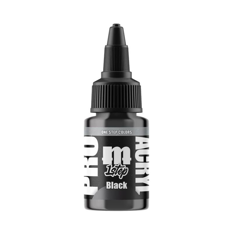 A small black bottle labeled Monument Hobbies: Pro Acryl Paint - 1-Step (22ml) with a twist cap, used for vibrant model paint in miniature painting, is shown on a plain white background.